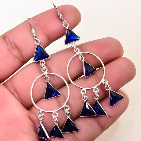 Blue Sapphire (Simulated) 925 Sterling Silver Chandelier Earring 2.81" E87