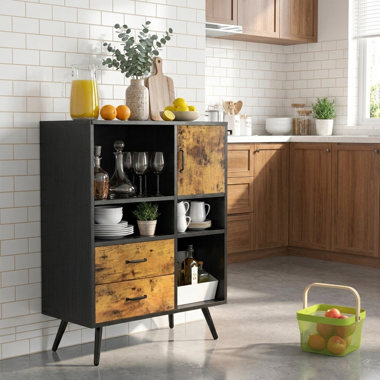 Furnibear Industrial Buffet Sideboard Kitchen Cupboard with Cubbies Drawers for Kitchen Dining Living Room Buffet Storage Server, Rustic Brown