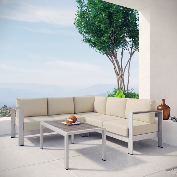 Modway Shore 4 Piece Outdoor Patio Aluminum Sectional Sofa Set in Silver Beige
