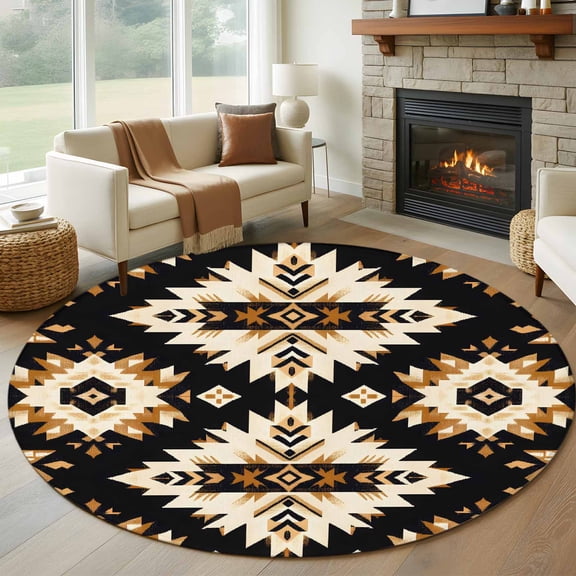 Round Rugs 5Ft, Southwestern Aztec Round Area Rug Washable Indoor Throw Carpet, Retro National Style Brown Abstract Soft Non Slip Circle Rug for Cabinet Bathroom Home Decor Aesthetic