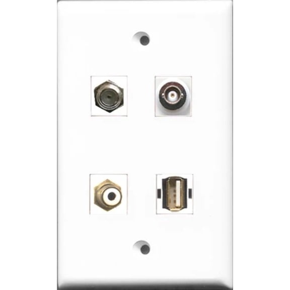 RiteAV 1 Port RCA White and 1 Port Coax Cable TV- F-Type and 1 Port USB A-A and 1 Port BNC Wall Plate