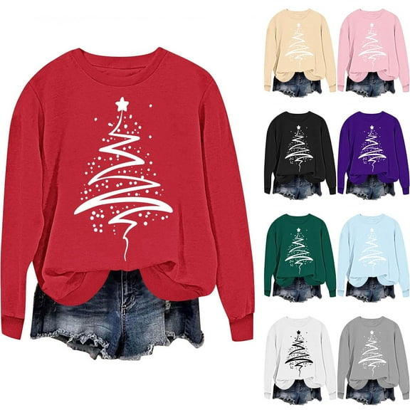 Nmnitkp Sweatshirt For Women Round Neck Christmas Printed Sweatshirt Long Sleeved Top Sweatshirt Red,L
