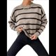 thumbnail image 1 of Suéter de Rayas con Hombros Caídos para Mujer, Suéter de Punto de Cuello Redondo Extragrande, Top Tipo Jersey. Caqui L, 1 of 10