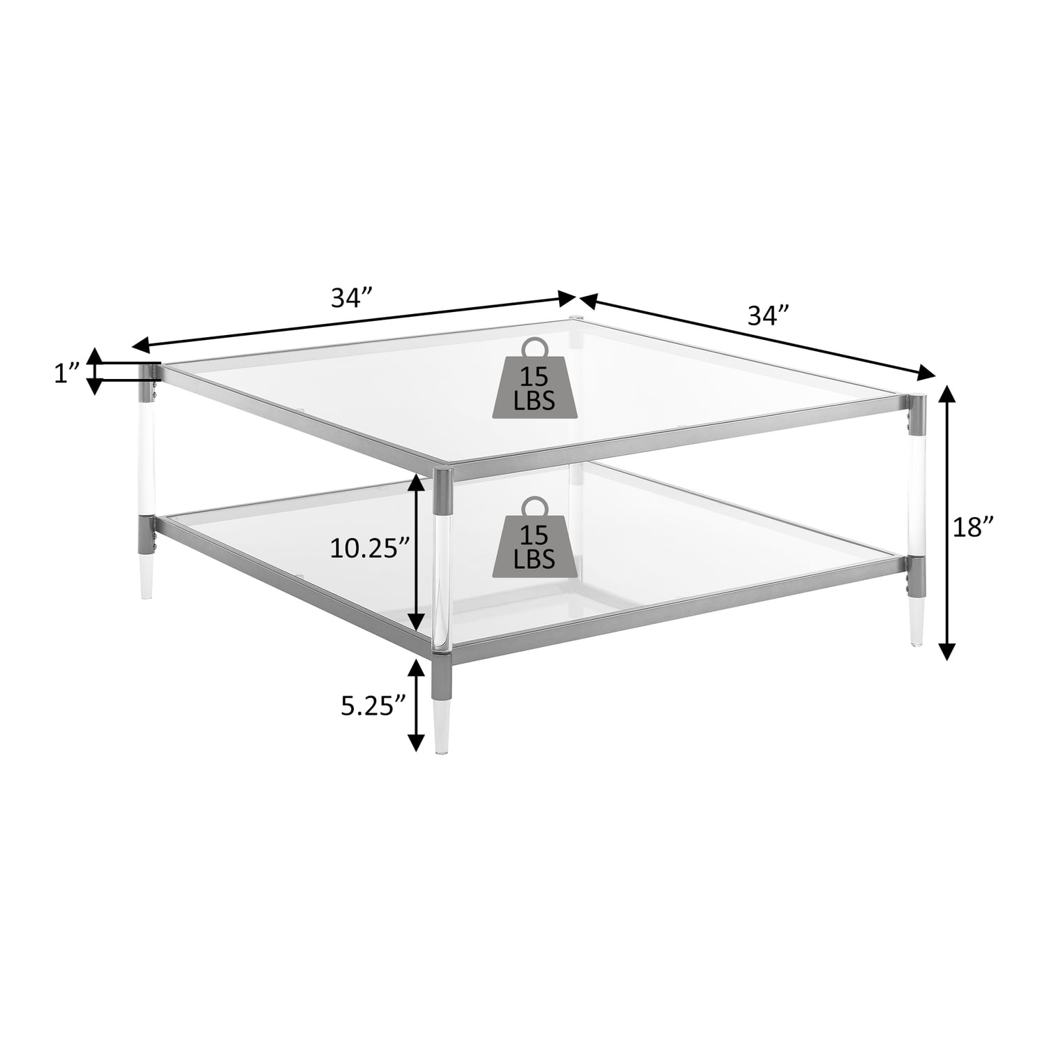 Royal Crest Two-Tier Acrylic Clear Glass Square Coffee Table in Gold Chrome