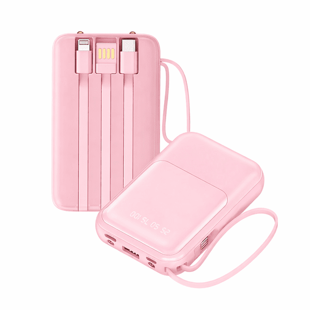 Mini Power Bank Genérico PB10000 Portátil Rosa 10000mAh con Cables y Linterna