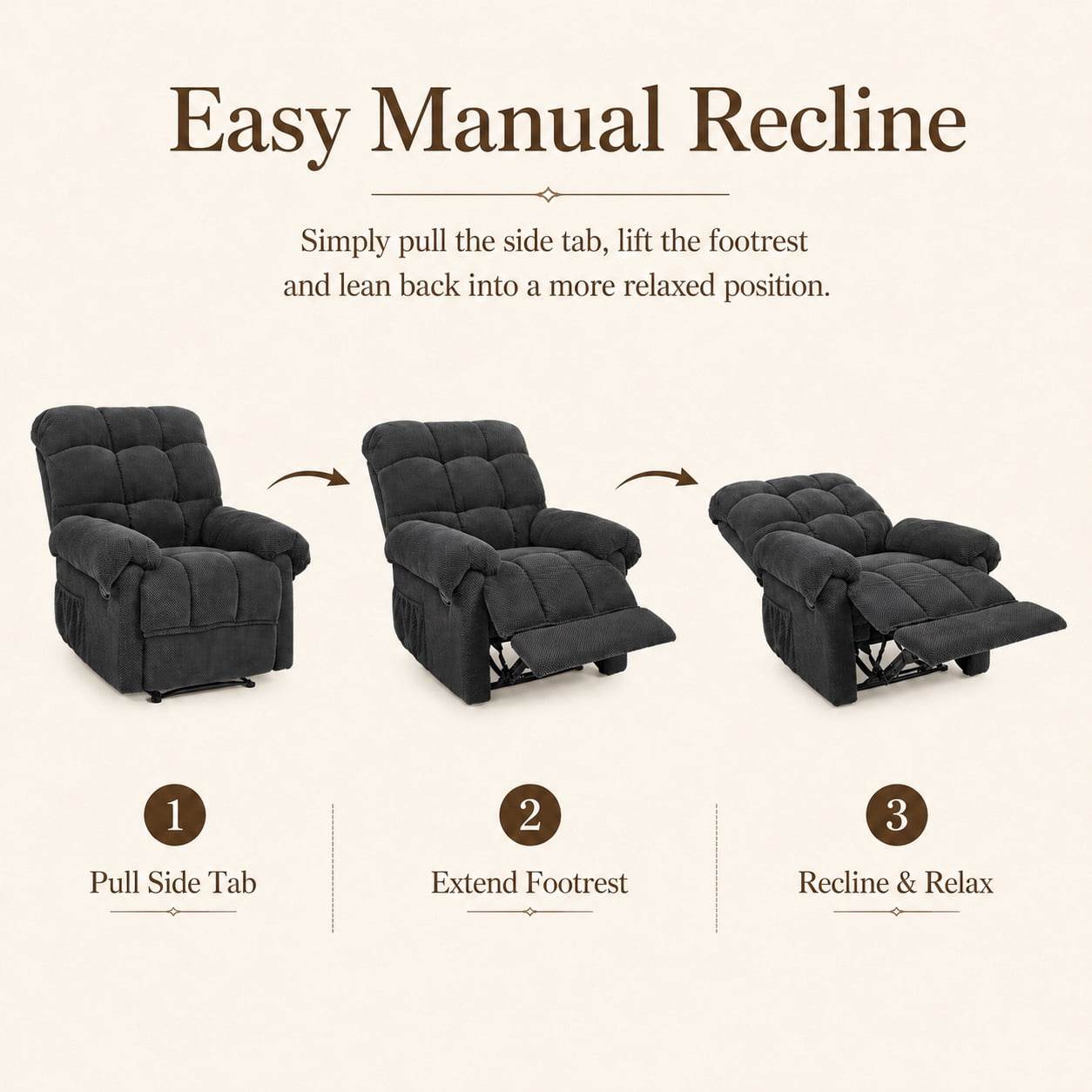 Miniyam Overstuffed Recliner Chair with Plush Armrests, Adjustable Ergonomic Recliner, 105° to 165° Reclining, Gray