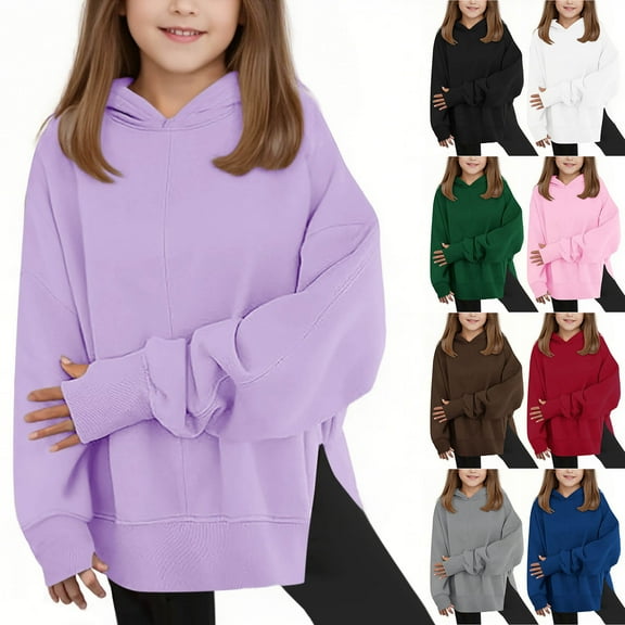 AINIYS Girls Oversized Hoodies Long Sleeve Fleece Side Slit Sweatshirts Pullover Casual Comfy Tops with Thumb Holes Blue 5 Years