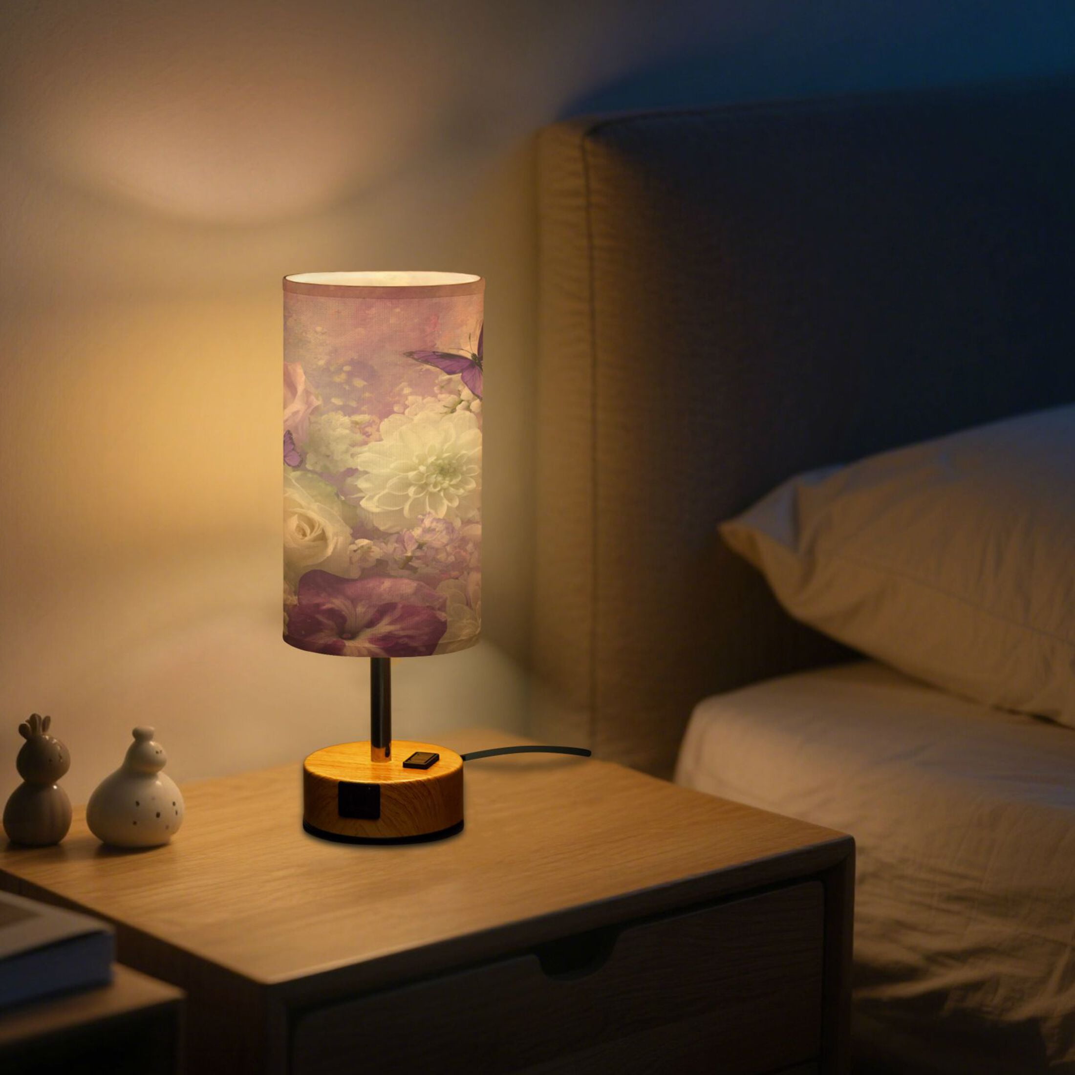 Wobogo Purple Butterfly Floral Bedside Lamp Touch Control Table Lamp with USB A+C Charging Ports & AC Outlet 3-Way Dimmable Nightstand Lamp with Linen Fabric Shade for Bedroom Living Room