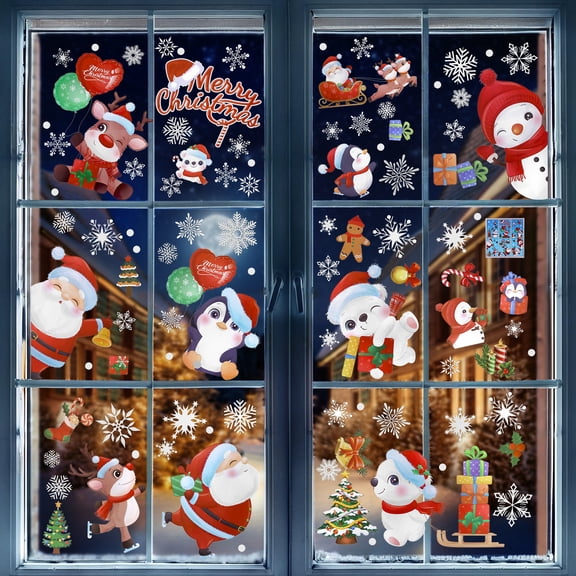 Naler Christmas Window Clings, 168Pcs 9 Sheets Christmas Window Stickers Cute Santa Claus Reindeer Snowflakes Double Sides Window Static Cling Decals for Xmas Party Decorations