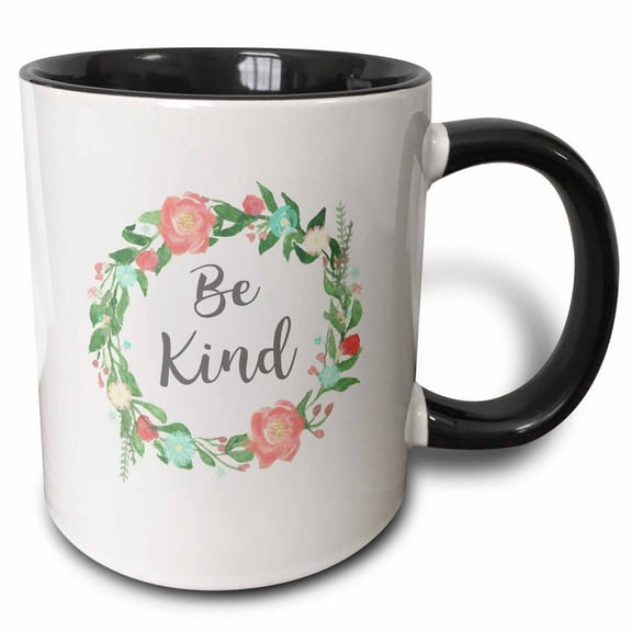 3drose, Be Kind Floral Wreath - Pretty Boho Pink Flowers Kindness Message, 11oz Two-tone Black Mug