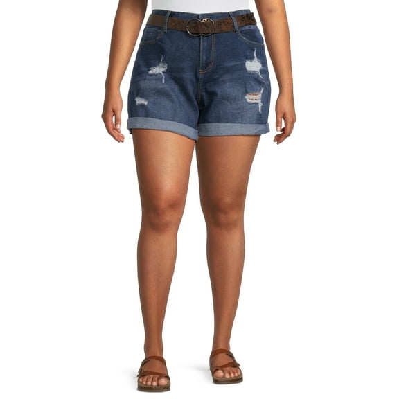 Dollhouse Womens Junior Plus Dark Wash Denim Belted Short