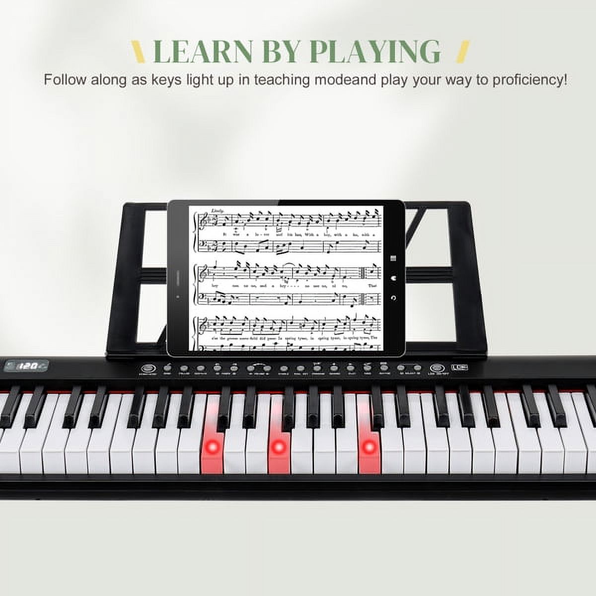 61 Key Lighting Keyboard with Piano Stand, Piano Bench, Built In Speakers, Headphone, Microphone, Music Rest, LED Screen, 3 Teaching Modes for Beginners