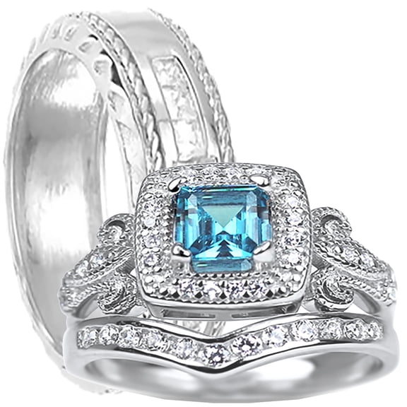 LaRaso & Co His Her Wedding Set 3 PCS Blue Topaz CZ Silver Engagement Couples Rings Men Women