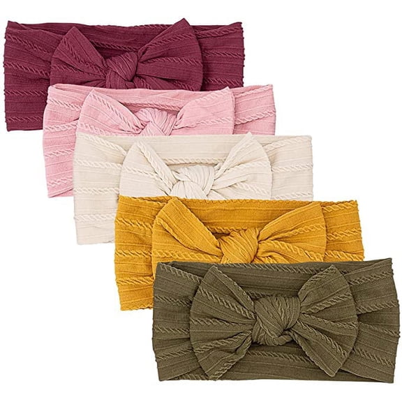 LNGOOR Baby Girl Headbands Jacquards - 5 Pack of Cable Knit Nylon Bows for Girls