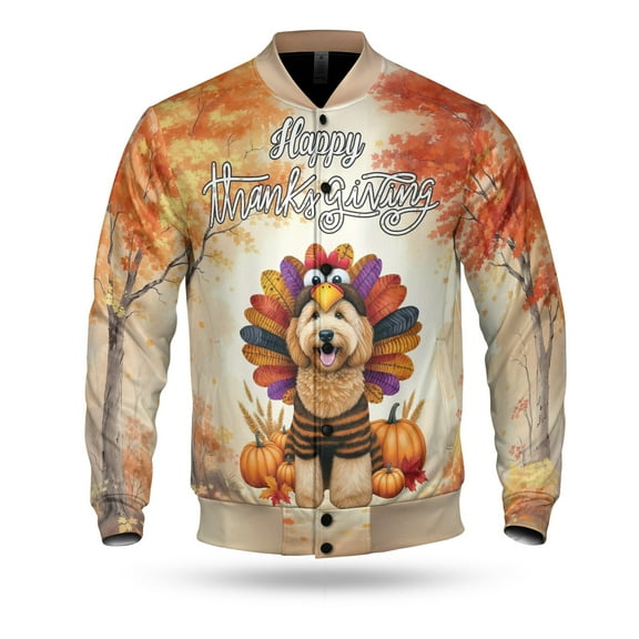 Happy Thanksgiving Goldendoodle Turkey Costume Pumpkins Autumn Leaves All Over Print 3D Baseball Jacket Doodle Dog Lover Gifts Idea Bomber Jacket Softball - 13014