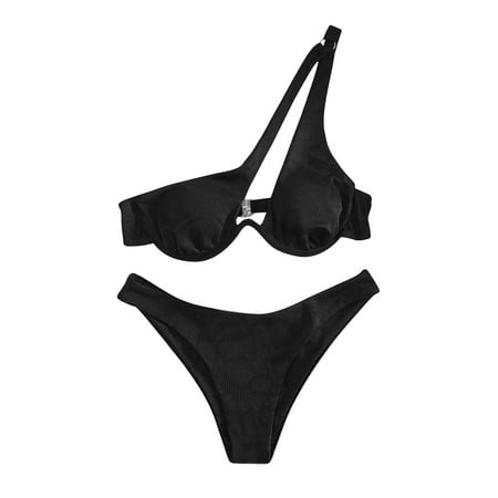 Njide Women Bikini Set Two Piece Underwire Padded One Shoulder Cutout Backless Stretchy Bathing Suit Swimwear Black XL