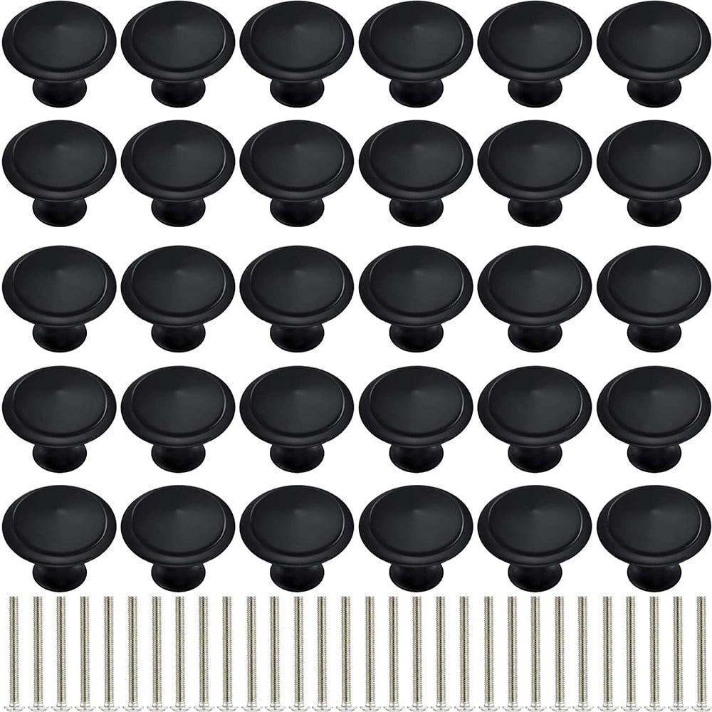 30 Pack Flat Black Cabinet Knobs Kitchen Round Drawer Dresser Handles Hardware 1.06 x 0.79 Inch