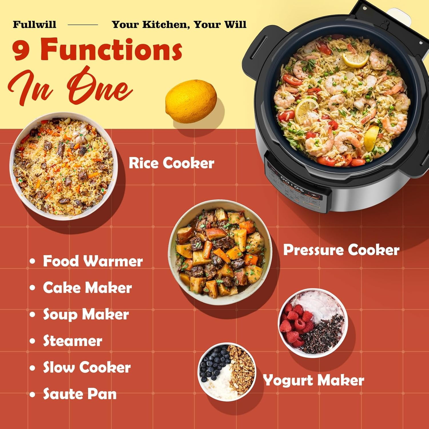9-in-1 Electric Pressure Cooker with 12 Presets, 6qt Multi-Function Kitchen Appliance