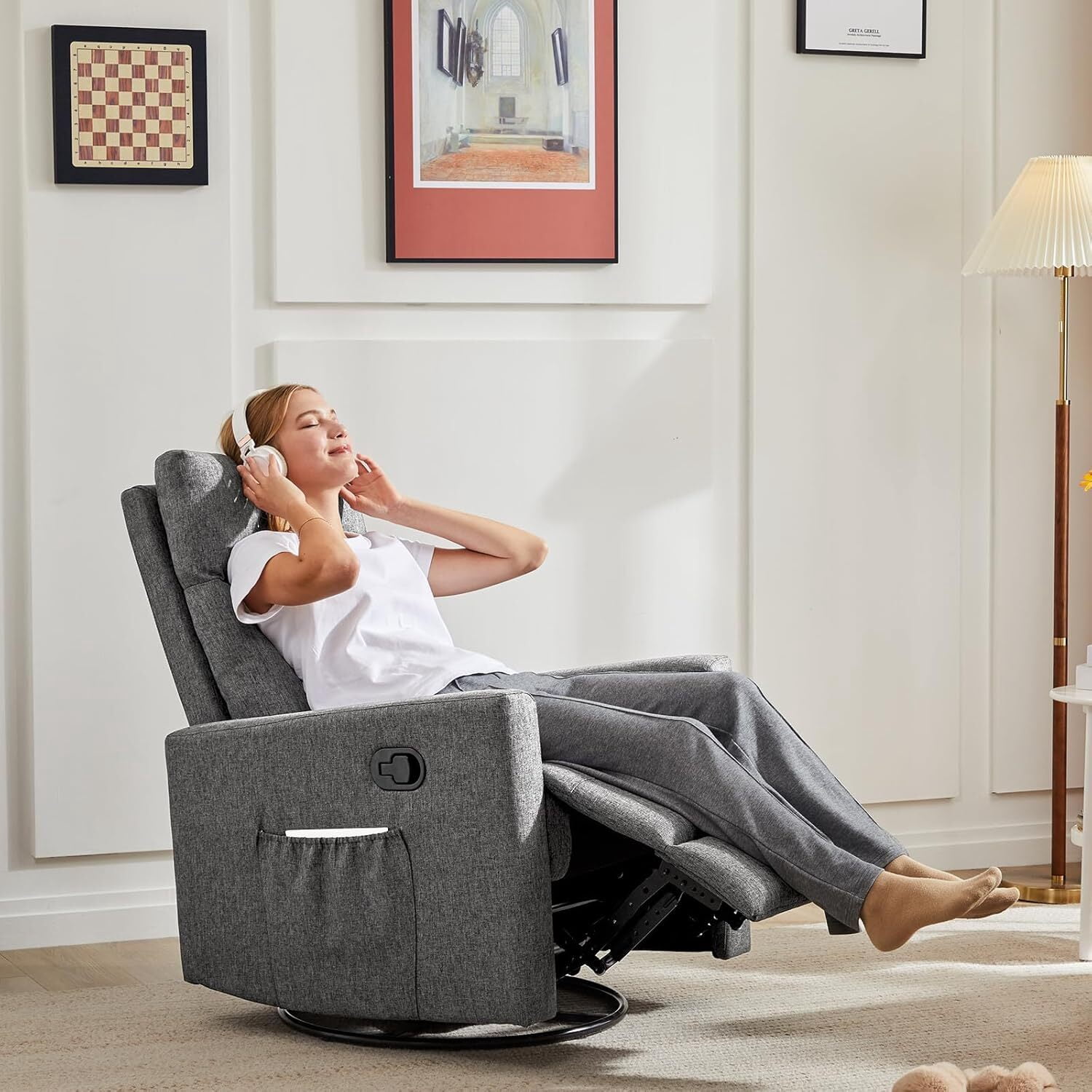 AENKYO Recliner Chair Swivel Rocking for Living Room, Glider Rocker with Extra Large Footrest - Gray