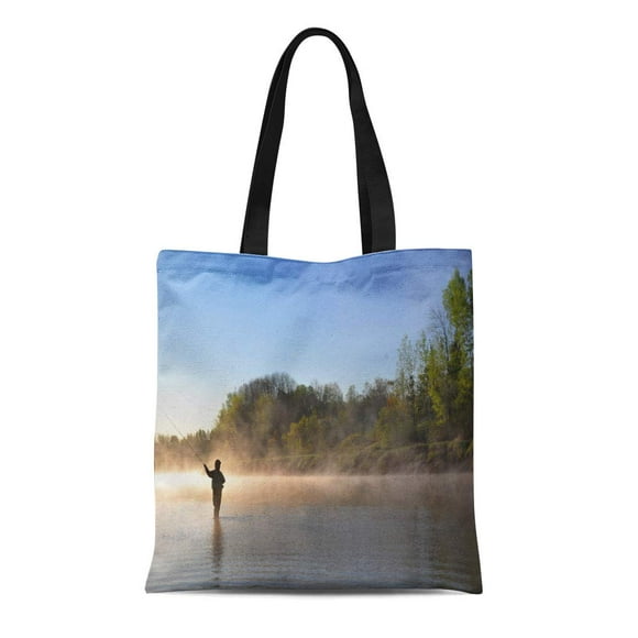 POGLIP Canvas Bag Resuable Tote Grocery Shopping Bags River Fly Fisherman Fishing for Striped Bass in Nova Scotia Silhouette Tote Bag