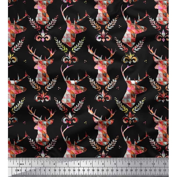 Soimoi Velvet Fabric Leaves,Damask & Reindeer Face Animal Decor Fabric Printed Yard 58 Inch Wide