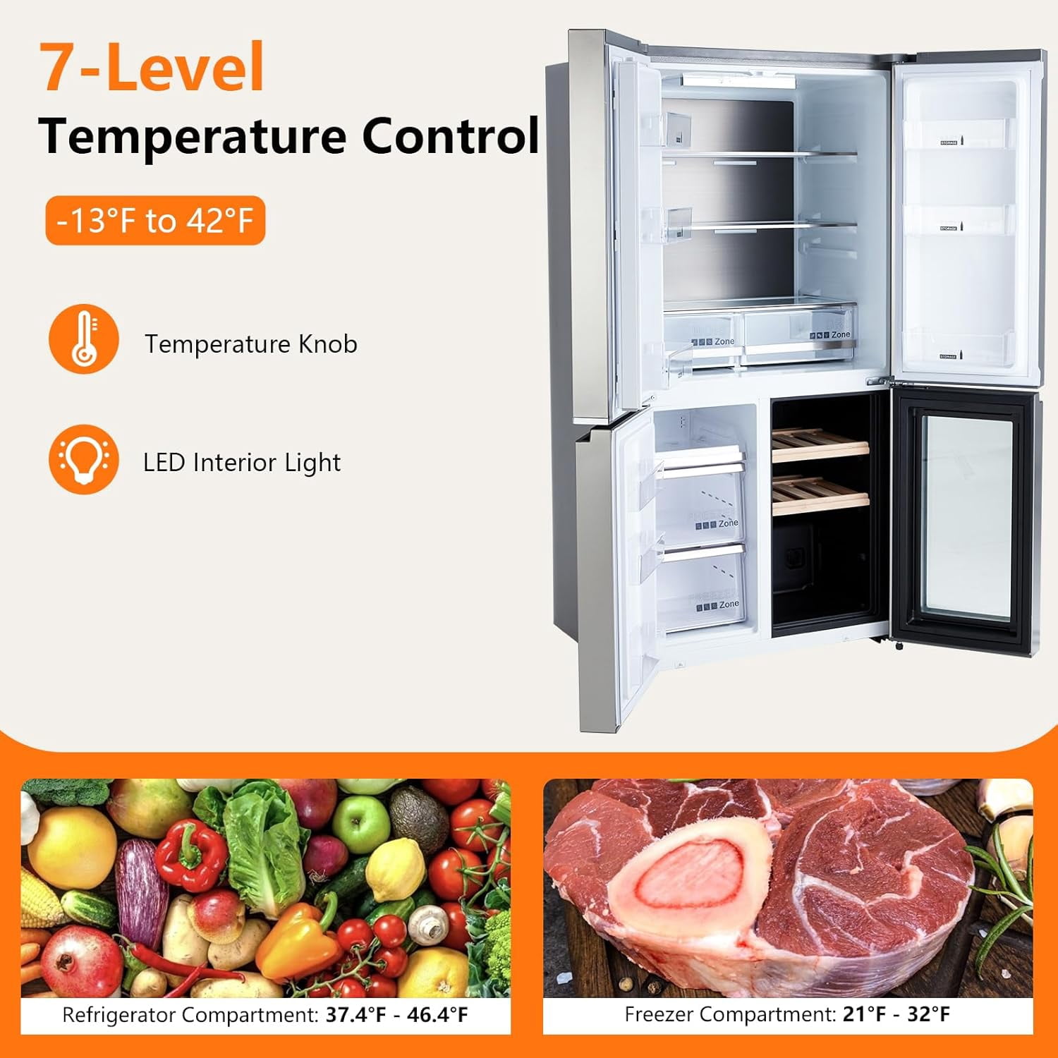 IdealHouse Stainless-Steel 4 Doors Fridges Kitchen-Freezer - 36 Inch French Door Refrigerator, 21 Cu.Ft. Counter Depth Refrigerator Bottom Freezer with Wine Cabinet,Adjustable Shelves