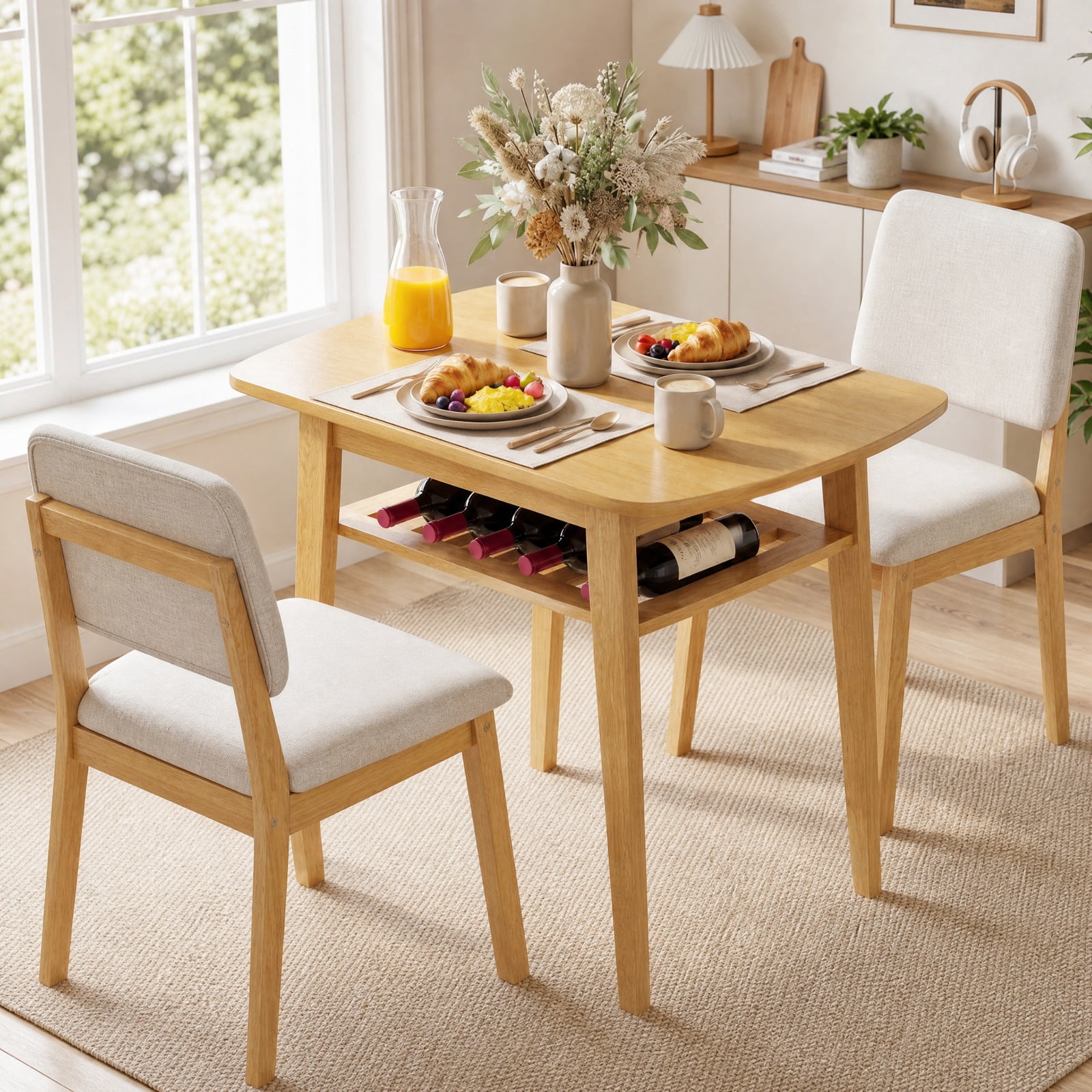 Furnibear 3 Piece Small Dining Table Set for 2 with Upholstered Chairs and Built in Storage Rack for Kitchen Breakfast Nook and Apartment, Natural