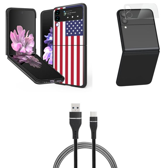Bemz Premium Bundle for Samsung Galaxy Z Flip 3 5G: Slim Snap-On Protector Case (American Flag), Rear Camera Glass Protector, Nylon Braided USB-C to USB-A Cable (3 Feet)