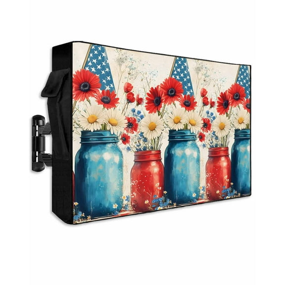 4th of July Outdoor TV Cover 40 to 43 Inch Weatherproof, Red Blue Star Stripe UAS Flag Poppy Flower 600D Oxford TV Covers with Waterproof Zipper, Outside Flat TV Screen Protector Size 40"Wx25"Hx4.5"D