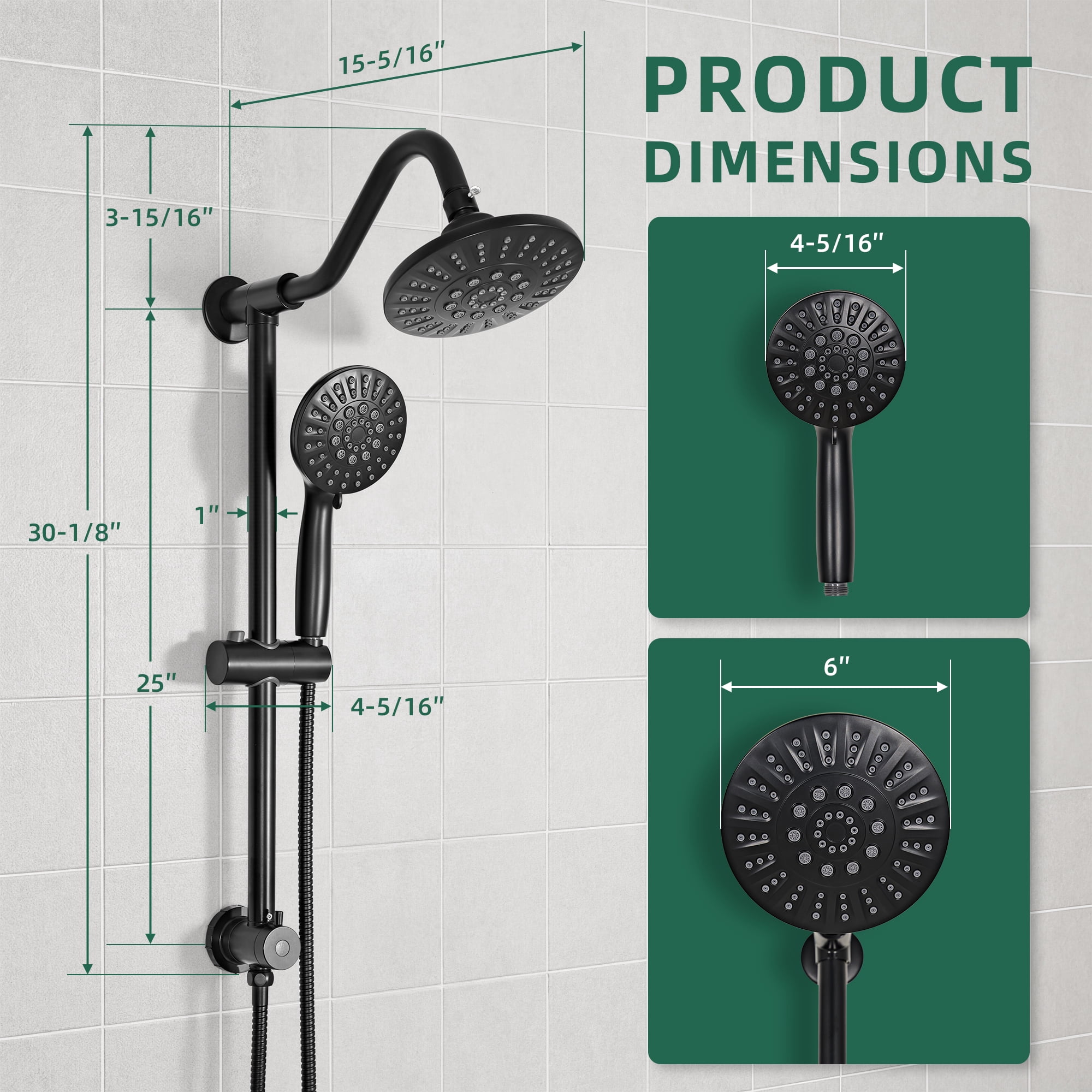 Akicon High Pressure Rain Shower Head with Handheld Spray Combo, Dual Shower Head with 6 Spray Modes, Rainfall Showerhead System with Adjustable Height Slide Bar for Bathroom, 3-Way Diverter
