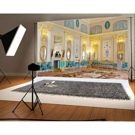 Image of GreenDecor Banquet Hall Backdrop 7x5ft Photography Background Royal Palace Golden Lights Mirror Chairs Carpet Carved Wall Video Studio Photos Props