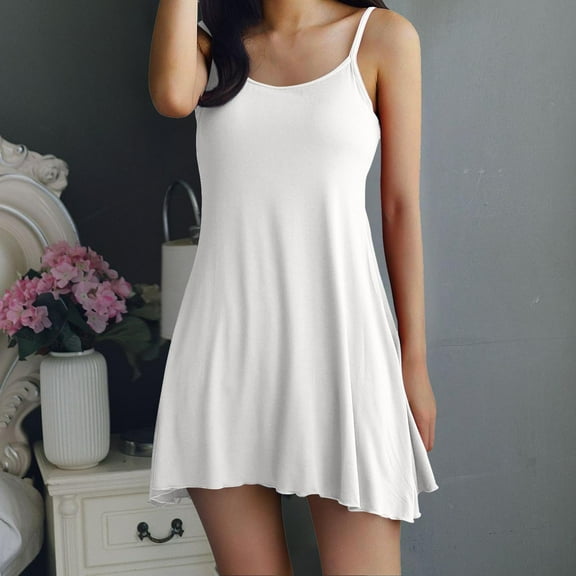 Caywon Women's Solid Color Fashion Casual Sleeveless Cami Nightdress with Built-in Chest Pad Cup One-Piece Crew Neck Adjustable Strap Home Wear Sleep Dress for Ladies Daily Home Wear