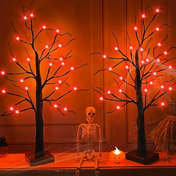TETOU 2pcs-24inch Halloween Lighted Birches Tree,Total 24 LED Battery Operated Artificial Black Spooky Tree with Timer Hallowe'en Decoration for Fall Home,Bedroom,Office,Wedding,Indoor Party-Orange