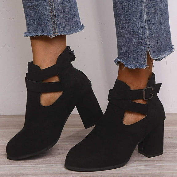 Fesfesfes Cowgirl Boots For Women Retro Casual Suede Low-top Mid-heel Chunky Boots With Buttons 5.5(38)