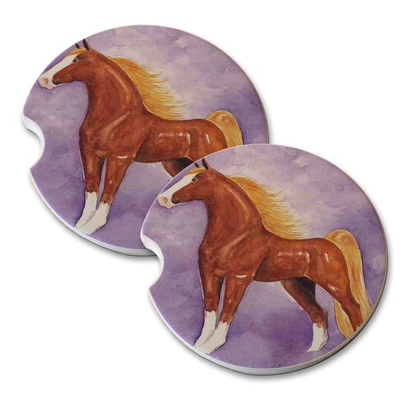 KuzmarK Sandstone Car Drink Coaster (set of 2) - Flaxen Chestnut American Saddlebred on Purple Horse Art by Denise Every