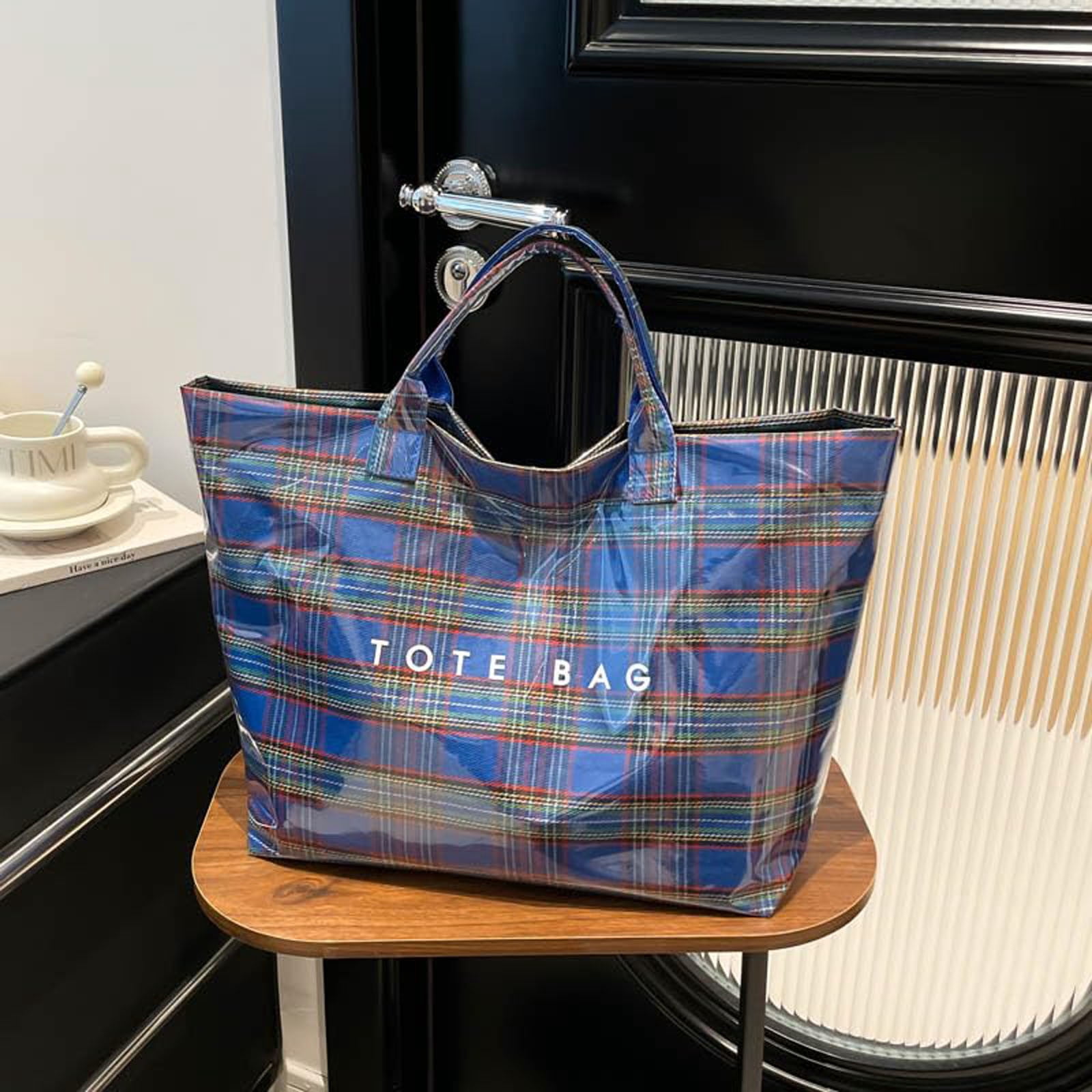 Comefolife Christmas Blue Plaid PVC Tote Bag for Women Vintage Christmas Buffalo Check Tote Bag Plastic Handbag