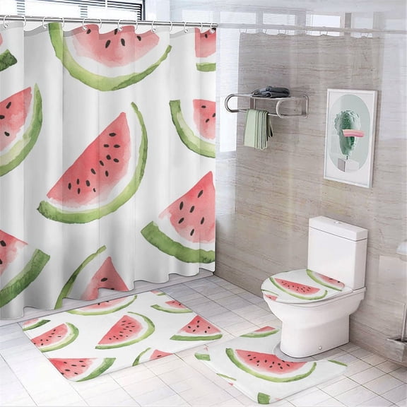 Watercolor Watermelon Slices 4 Piece Bathroom Shower Curtain Sets with Non-Slip Rugs Toilet Lid Cover And Bath Mat Bathroom Decor Set Farm Fresh Watermelon Bath Curtain