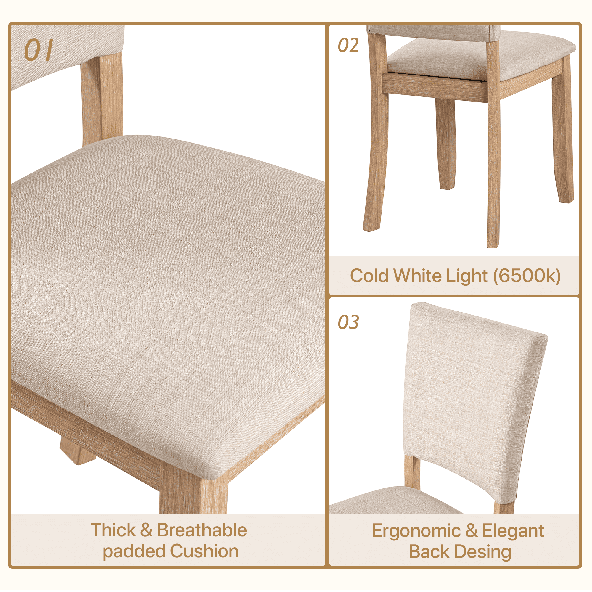 Aukfa Farmhouse Wood Light Oak Upholstered Round Dining Set, 5-Piece