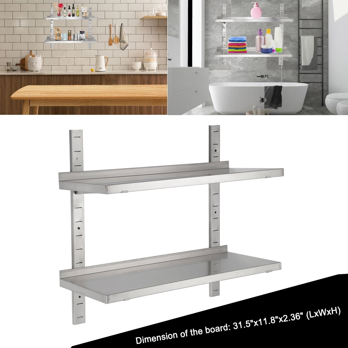 NICCOO 2 Tier 32in Stainless Steel Wallmounted Shelf Adjustable