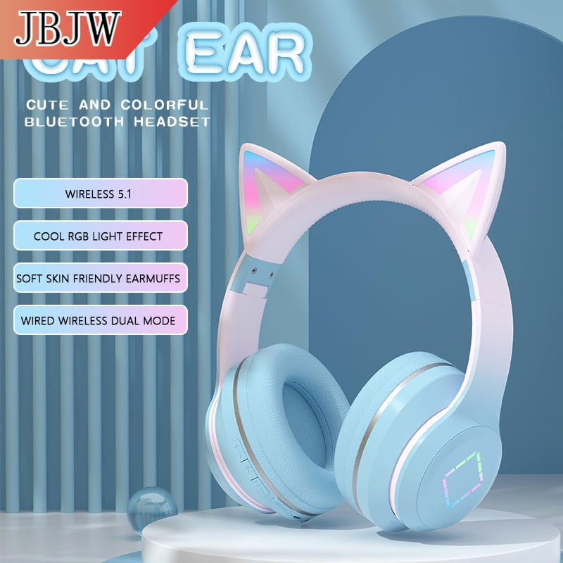 Cat Ear Gradient Bluetooth Headphone RGB Light TF/AUX HIFI Surround Stereo ANC Noise Reduction Headset for Playing games