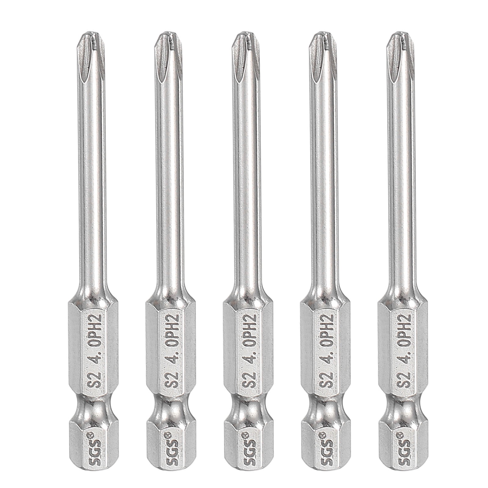 5pcs #2 Phillips Screwdriver Bit PH2 1/4" Hex Shank 2.6" (65mm) Long 0.16" Rod Magnetic Cross Head Drill Bits S2 Steel Industrial Screw Driver for Power Screwdrivers Drills, Silver