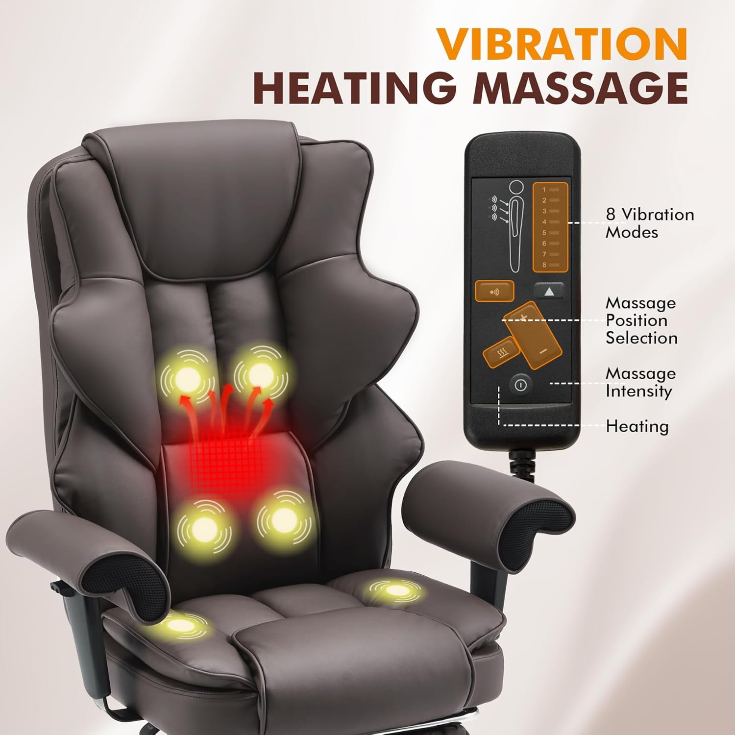 Homrest 6-Point Massage Executive Office Chair for Adults, Heated Ergonomic Home Desk Chair with Adjustable Footrest, Armrests & Backrest (Brown)
