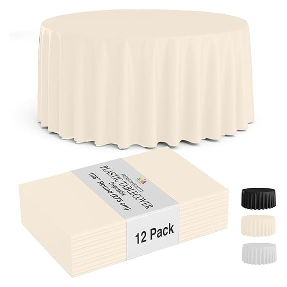 12-Pack Round Plastic Tablecloth Disposable – Size: 108 Inches – Round Plastic Table Cloths for Parties, Picnics & Formal Events