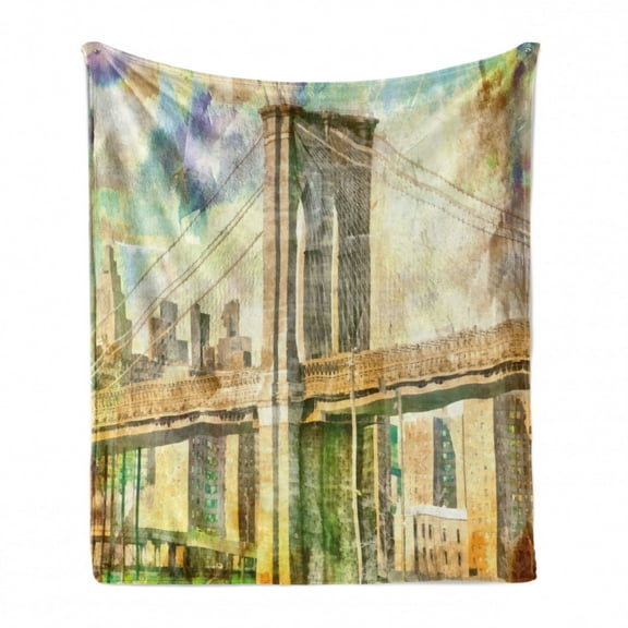 Abstract Oil Painting Soft Flannel Fleece Throw Blanket, Brooklyn Bridge in Watercolor Brush Strokes Style in Earthy Tones, Cozy Plush for Indoor and Outdoor Use, 60" x 80", Multicolor, by Ambesonne