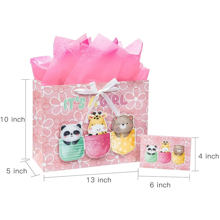 WRAPAHOLIC Baby Girl Gift Bag, Pink Animal Design, Tissue Paper
