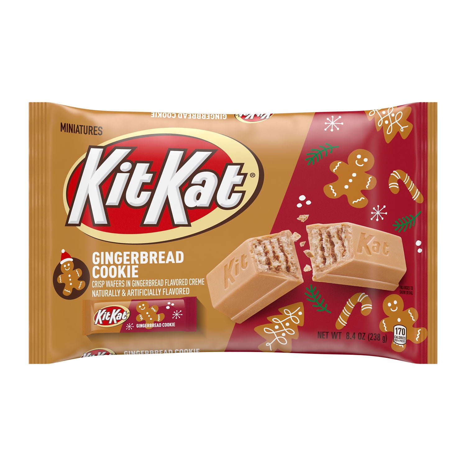KITKAT KIT KAT®, Miniatures Gingerbread Cookie Gingerbread Flavored Creme Wafer Candy Bars, Christmas, 8.4 oz, Bag