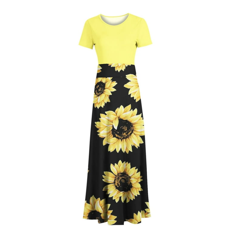 Wycnly Summer Dresses for Women Vintage Empire Waist Pleated Swing Tunic A  Line Formal Maxi Dresses 2024 Short Sleeve Round Neck Sunflower Print Long Formal  Dress Yellow s - Walmart.com
