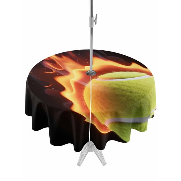Outdoor Tablecloth with Umbrella Hole Zipper Tennis Round Tablecloth 54" Waterproof Outside Table Cloth Modern Sport Glowing Ball Black Background Patio Table Cover Tablecloths for Picnic Party