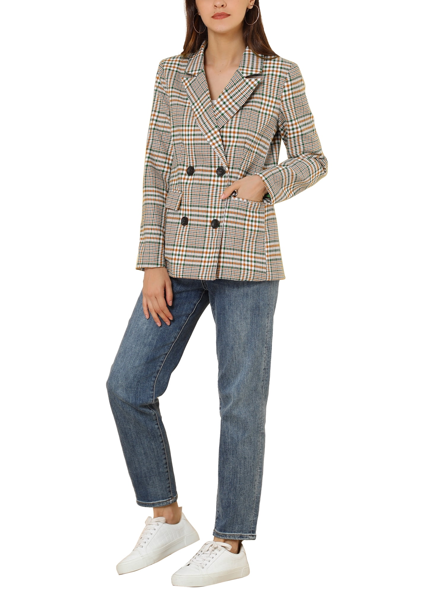DARING DIVA Women's Plaid Notched Lapel Blazer Jacket XS White Green