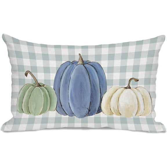 Fall Pillow Cover 12x20 Inch Three Oil Painting Pumpkins Light Blue Plaids Pillowcase Autumn Decor Throw Pillowcase Lumbar Cushion for Couch Sofa Bedroom Home